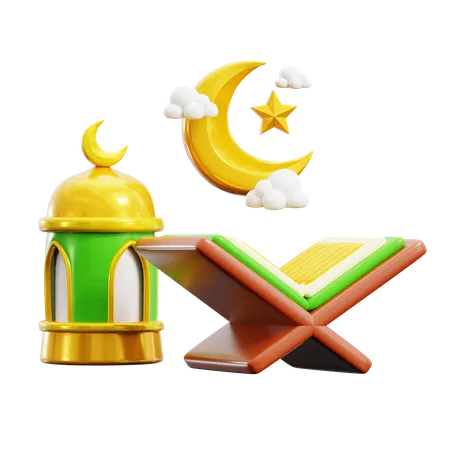 Read Quran With Traditional Lantern Lamp And Crescent Moon For Ramadan Activity Holy Month 3 D Icon Illustration Render Design 3D Icon