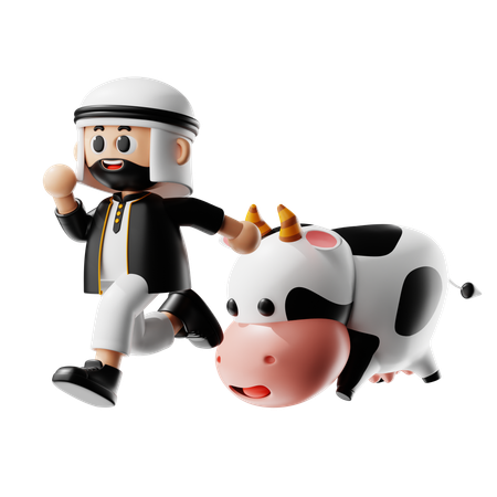 이슬람 남자는 소와 함께 즐긴다  3D Illustration