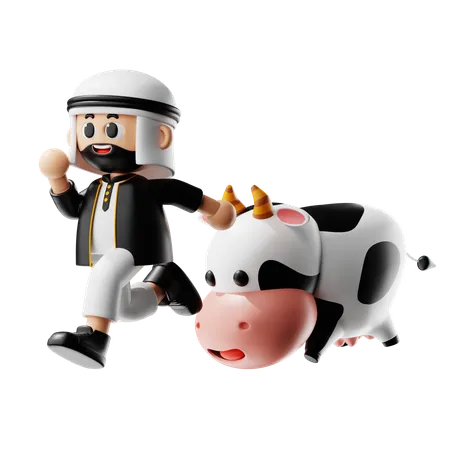 이슬람 남자는 소와 함께 즐긴다  3D Illustration
