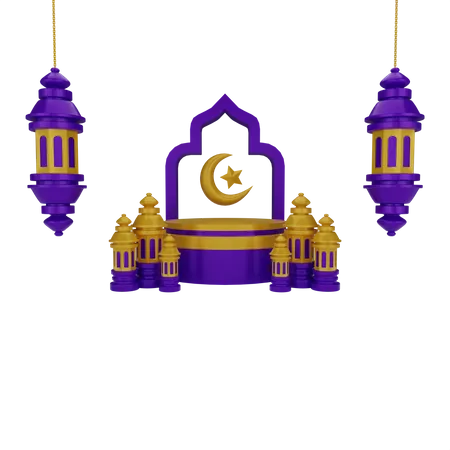 Islamic podium with lantern  3D Illustration