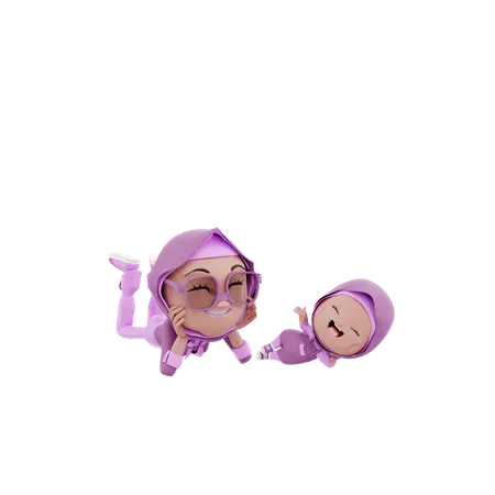 Islamic woman lying with her kid  3D Illustration