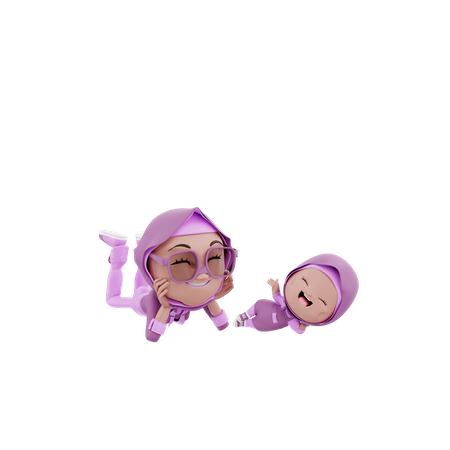 Islamic woman lying with her kid  3D Illustration