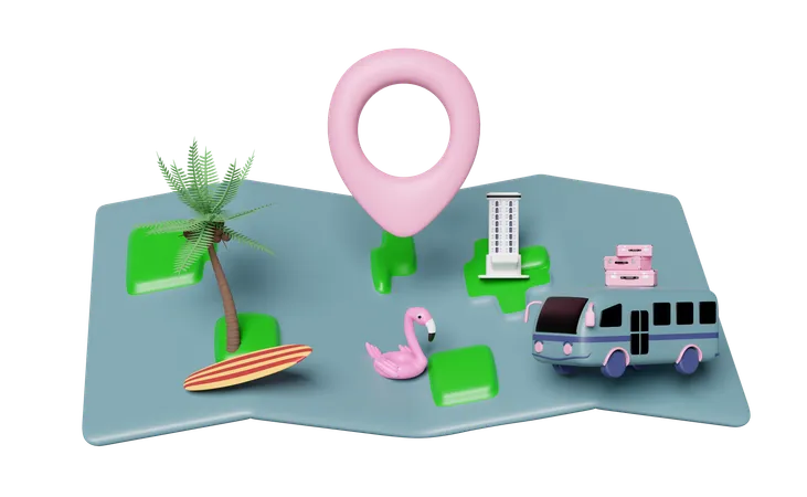 3 D Map With Pin Palms Tree Tourist Bus Condominium Luggage Island Surfboard Isolated Map Earth Travel Concept 3 D Render Illustration 3D Icon