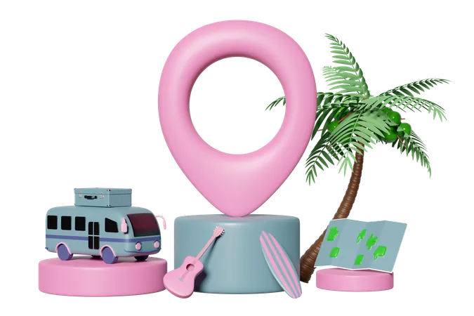 3 D Pin On Podium With Map Palms Tree Tourist Bus Luggage Surfboard Guitar Isolated Map Earth Travel Concept 3 D Render Illustration 3D Icon