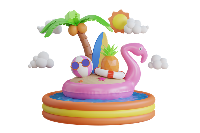 Island With flamingo tube  3D Illustration