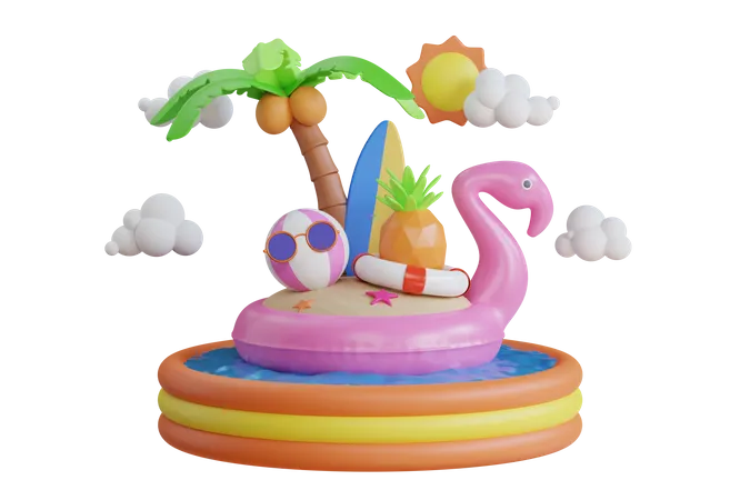 Island With flamingo tube  3D Illustration