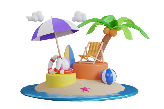 Island with summer equipment  3D Illustration