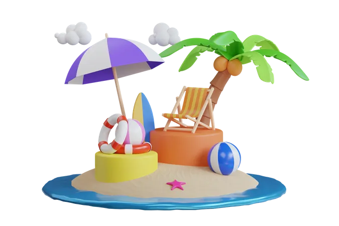 Island with summer equipment  3D Illustration