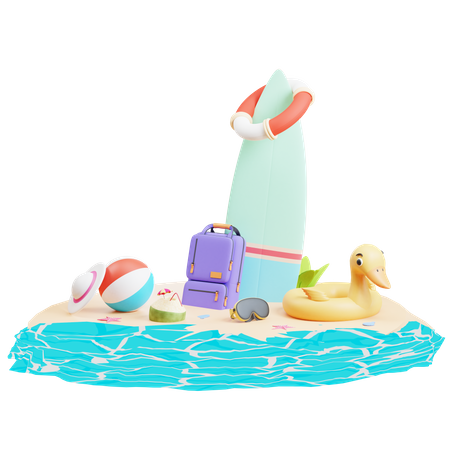 Island With Surfing board  3D Illustration