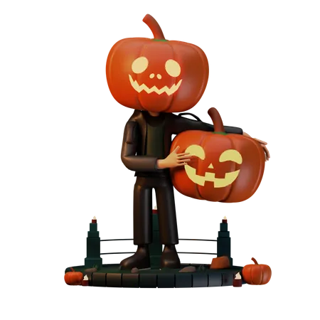 Jack O Lantern Holding Scary Pumpkin  3D Illustration