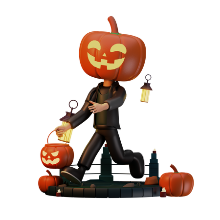 Jack O Lantern Walking With Scary Pumpkin  3D Illustration