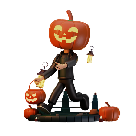 Jack O Lantern Walking With Scary Pumpkin  3D Illustration