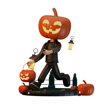 Jack O Lantern Walking With Scary Pumpkin  3D Illustration