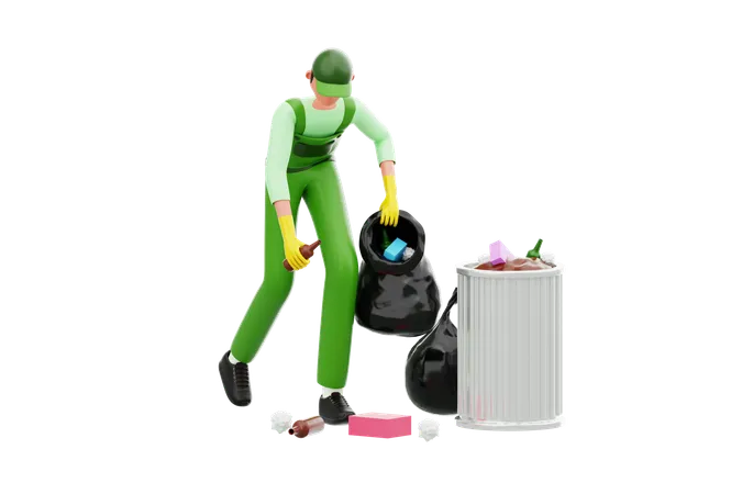 Janitor Collecting Waste Into Black Polyethene Bag  3D Illustration