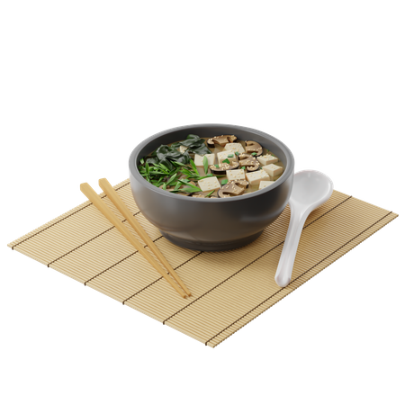 Japanese Miso soup with tofu shiitake wakame in a round plate 3D Illustration