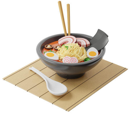 Japanese Ramen soup in a round plate on a bamboo mat  3D Icon