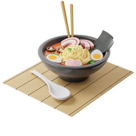 Japanese Ramen soup in a round plate on a bamboo mat 3D Illustration