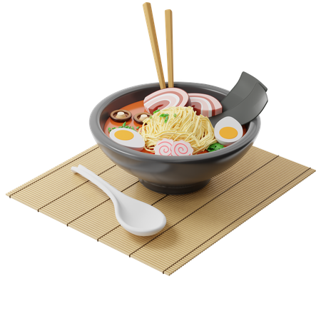 Japanese Ramen soup in a round plate on a bamboo mat  3D Illustration