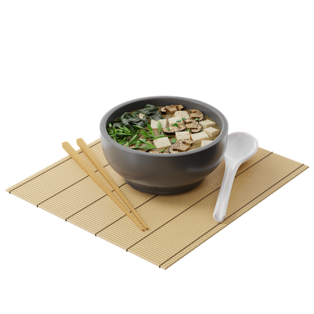 Japanische Miso-Suppe mit Tofu, Shiitake, Wakame in einem runden Teller  3D Illustration