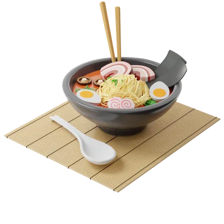 Japanische Ramen-Suppe in einem runden Teller auf einer Bambusmatte  3D Illustration