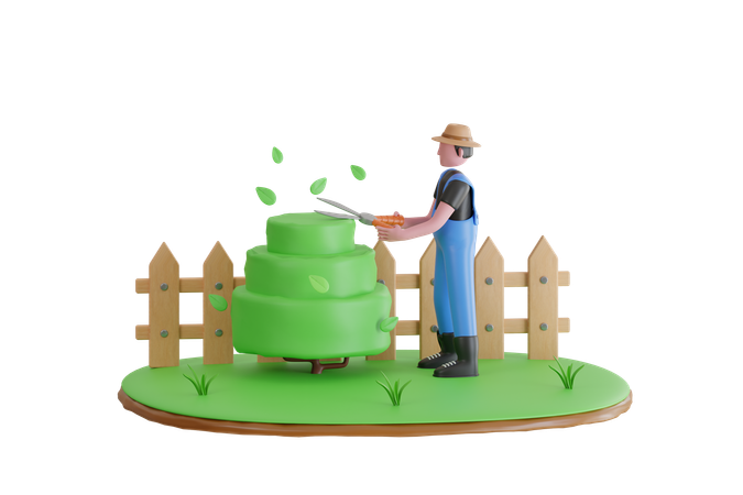 Jardineiro apara árvores no jardim  3D Illustration