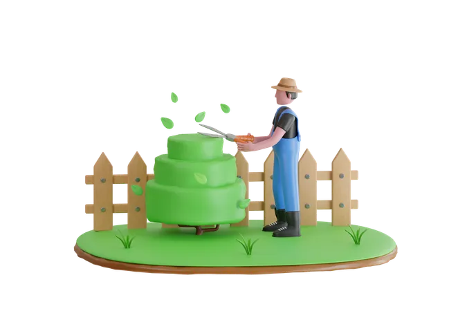 Jardineiro apara árvores no jardim  3D Illustration