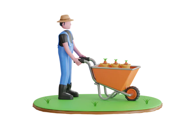 Jardineiro empurrando carrinho de mão com mudas de plantas  3D Illustration
