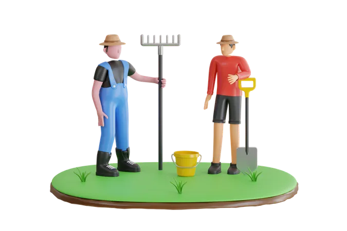 Jardinier tenant des outils de jardin  3D Illustration