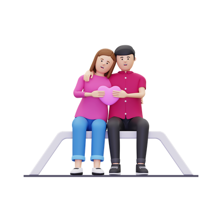 Jeune couple assis sur un banc et tenant le cœur ensemble  3D Icon