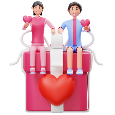 Jeune couple assis sur un cadeau  3D Illustration