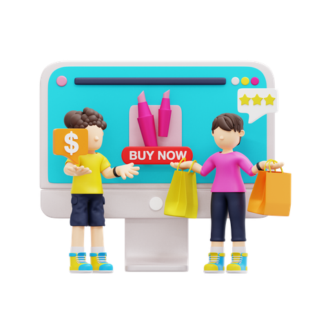 Jeune couple faisant des achats sur le site Web  3D Illustration