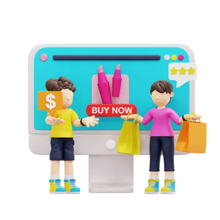 Jeune couple faisant des achats sur le site Web  3D Illustration