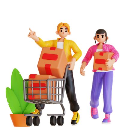 Jeune couple faisant du shopping  3D Illustration