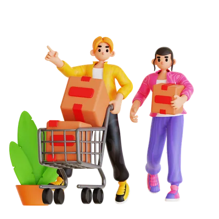 Jeune couple faisant du shopping  3D Illustration