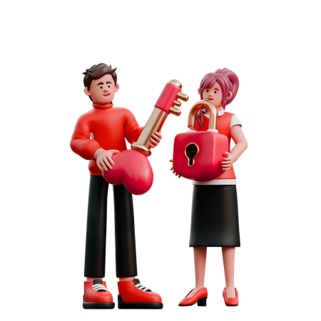 Jeune couple portant la clé de l'amour  3D Illustration