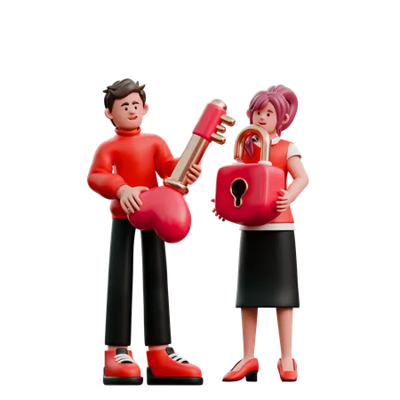 Jeune couple portant la clé de l'amour  3D Illustration