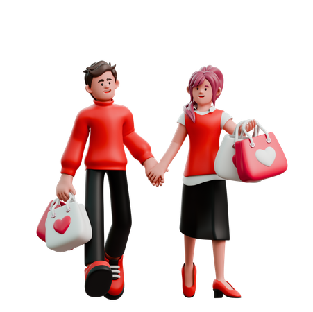 Un jeune couple revient du shopping de la Saint-Valentin  3D Illustration