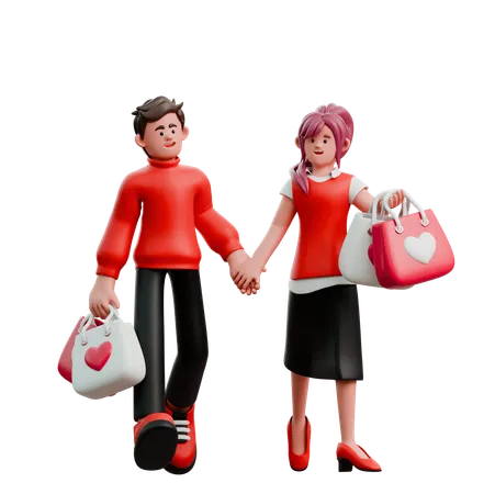 Un jeune couple revient du shopping de la Saint-Valentin  3D Illustration