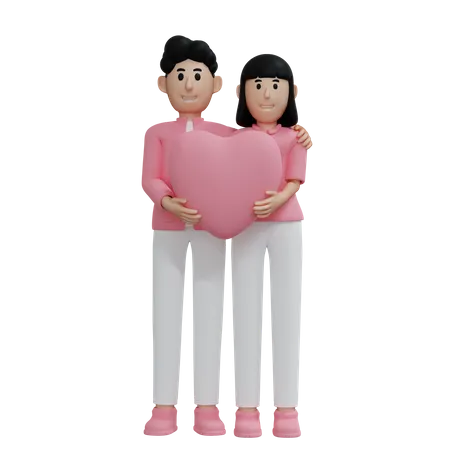 Jeune couple tenant coeur ensemble  3D Illustration