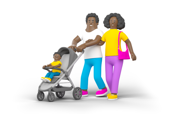 Jeune famille avec poussette bébé  3D Illustration