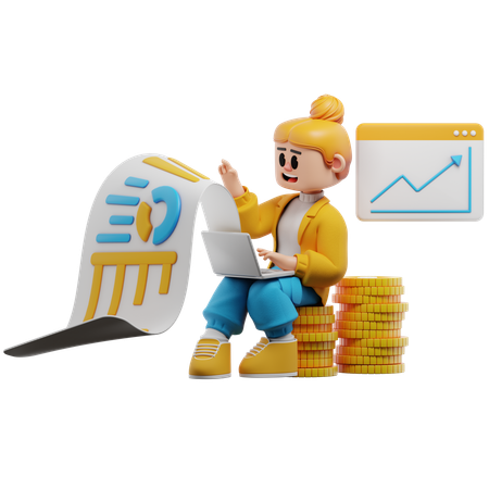 Jeune femme analysant un état financier  3D Illustration