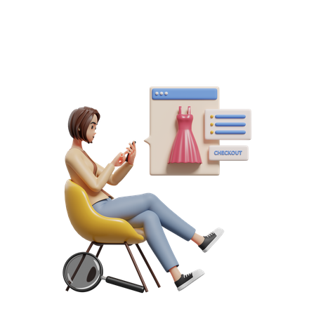 Jeune femme assise sur une chaise et sélectionnant des produits à acheter  3D Illustration
