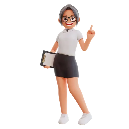 Jeune femme d'affaires pointant vers le haut avec un doigt  3D Illustration