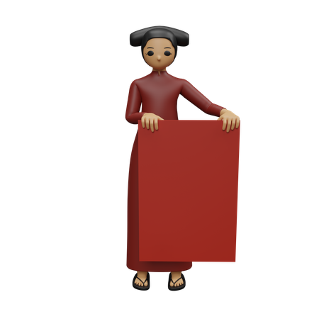 Jeune femme debout avec une bannière chinoise  3D Icon