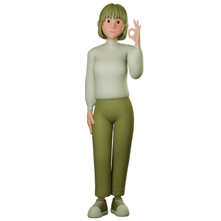 Jeune femme en tenue verte montrant un geste OK avec la main gauche  3D Icon