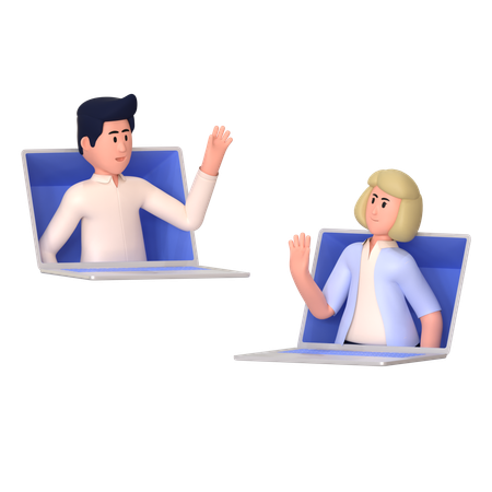 Une jeune femme et un homme discutent d'une réunion en ligne  3D Illustration