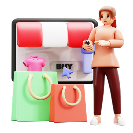 Jeune femme faisant des achats en ligne  3D Illustration