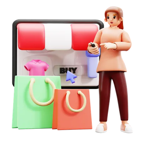 Jeune femme faisant des achats en ligne  3D Illustration