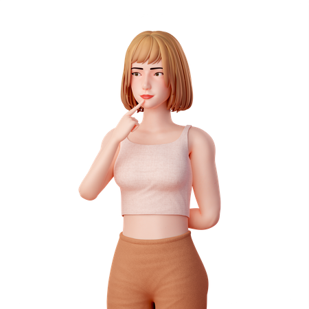 Jeune femme mettant le doigt sur le menton et pensant à quelque chose  3D Illustration
