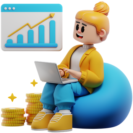 Une jeune femme regarde les statistiques de son compte bancaire  3D Illustration